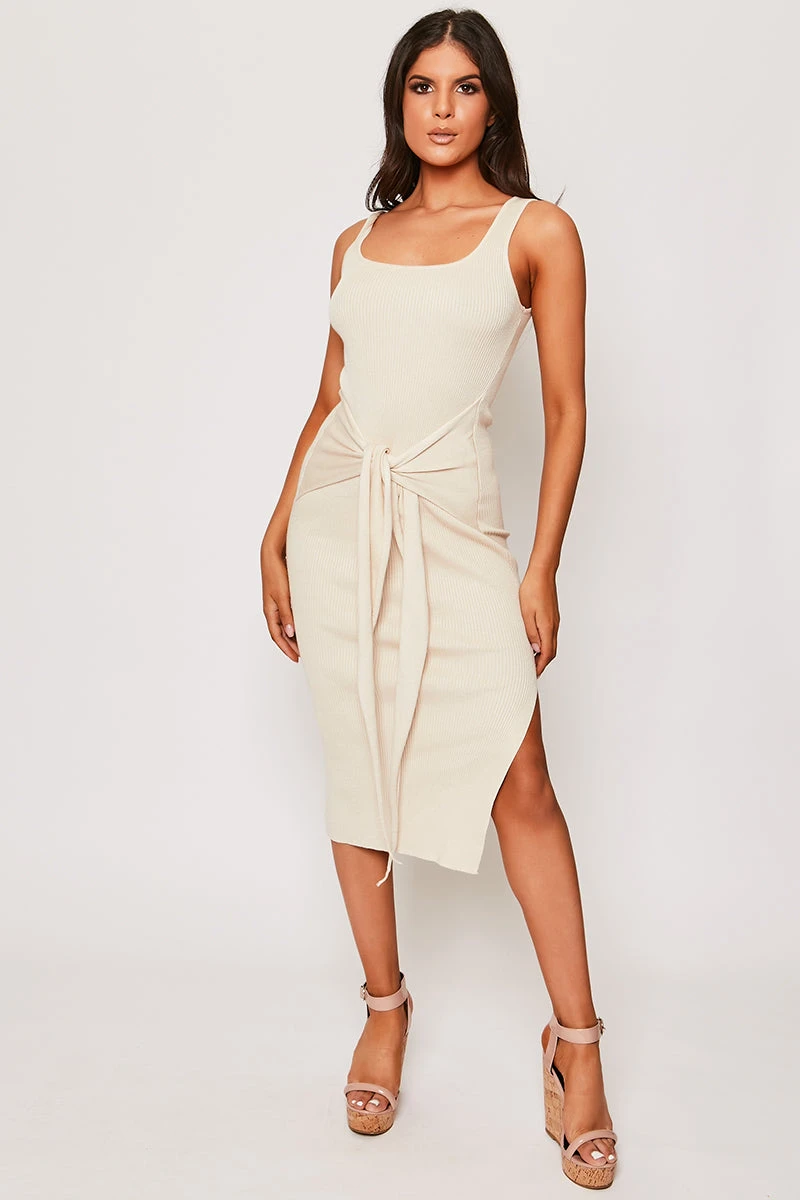 Luisa - Nude Knitted Tie Front Midi Dress 3 Luisa - Nude Knitted Tie Front Midi Dress - Image 3