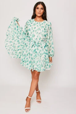 Delia - Green Foral Belted Long Sleeve Belted Day Dress