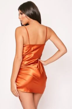 Kensie - Rust Satin Cowl Neck Tie Side Bodycon Dress -Deals Sarto View Store 28 09 missg 5826