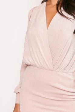 Larah - Pink Lurex Shimmer Long Sleeve Wrap Over Mini Dress -Deals Sarto View Store 28 09 missg 6099