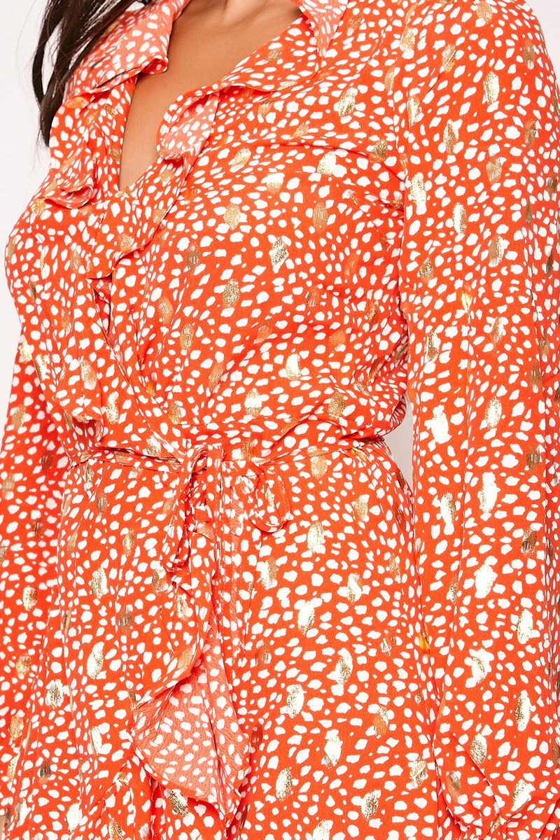 Khloey - Red & Gold Foil Printed Wrap Dress 2 Khloey - Red & Gold Foil Printed Wrap Dress - Image 2