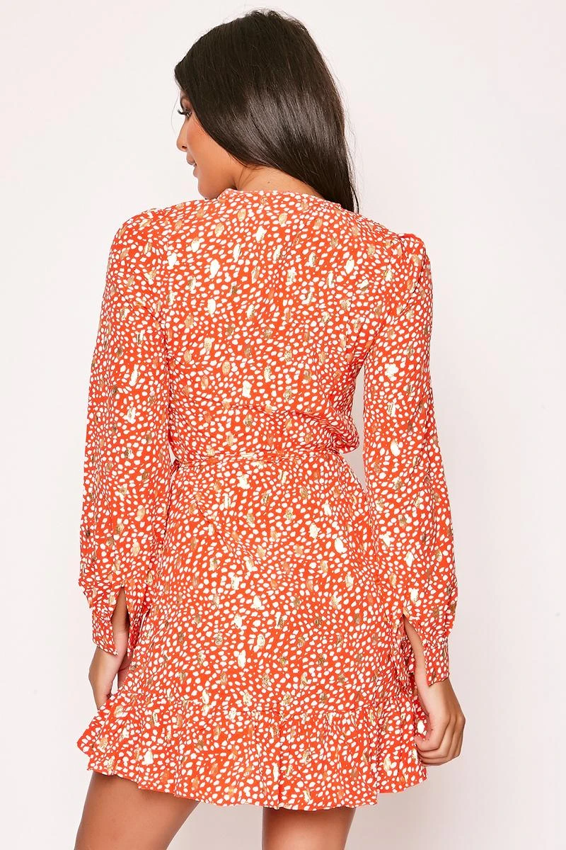 Khloey - Red & Gold Foil Printed Wrap Dress 3 Khloey - Red & Gold Foil Printed Wrap Dress - Image 3