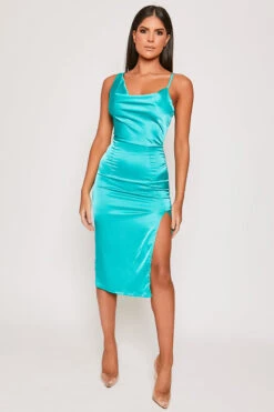 Finley - Turquoise Satin Thigh Split Midi Dress