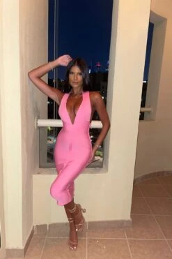 Felicity - Candy Pink Halterneck Bandage Midi Dress -Deals Sarto View Store FelciityPink