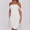 Millia - White Slinky Draped Sleeve Ruched Mini Dress