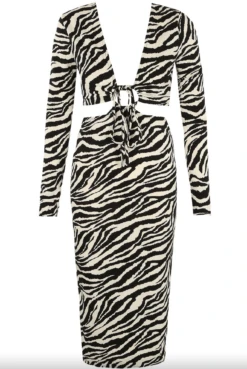 Alina - Zebra Print Long Sleeve Cut Out Midi Dress