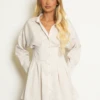 Sara - Nude Fitted Satin Shirt Dress
