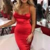 Brielle - Red Satin Tie Up Back Midi Bodycon Dress