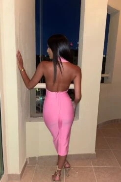 Felicity - Candy Pink Halterneck Bandage Midi Dress -Deals Sarto View Store felciity2