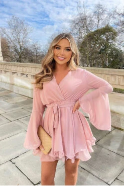 Hanella - Rose Pink Chiffon Belted Skater Dress