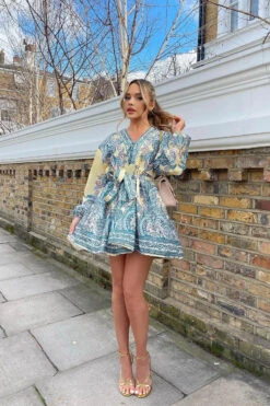 Marquis - Lemon Paisley Belted Flare Mini Dress