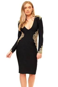 Akita - Black Long Embroidered Sleeve Bandage Dress -Deals Sarto View Store missg.dec2 .201718468
