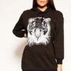 Clio - Black Sequin Tiger Hooded Jumper Dress