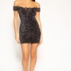Elin - Black Lurex Glitter Off The Shoulder Ruched Bodycon Dress