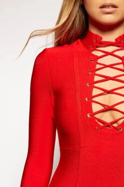 Coleena - Red Long Sleeve Lace Up Bandage Dress -Deals Sarto View Store missg.feb .201819203