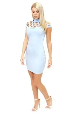 Eleni - Pale Blue Scuba Suede High Neck Bodycon Dress -Deals Sarto View Store missg.mar .2.20175768