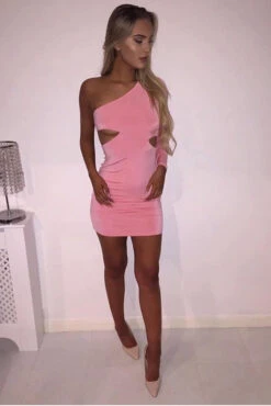 April - Pink One Shoulder Body-con Dress