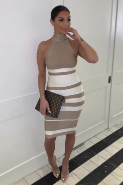 Amilia - Nude & White Striped Bandage Midi Dress