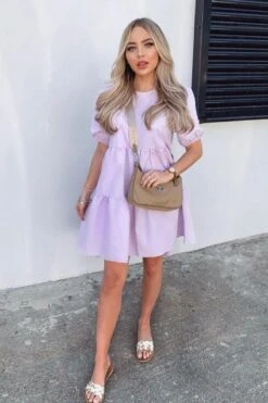 Mari - Lilac Tiered Short Sleeve Smock Dress