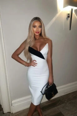Shelby - White & Black Strapless Bandage Midi Dress