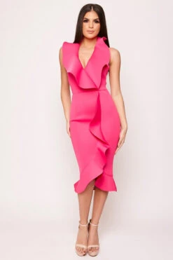 Aleeyah - Pink Halterneck Plunge Frill Scuba Bodycon Dress -Deals Sarto View Store wjrs0180.1566221653