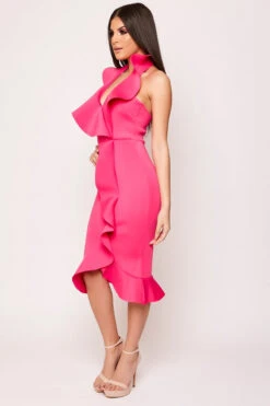 Aleeyah - Pink Halterneck Plunge Frill Scuba Bodycon Dress -Deals Sarto View Store wjrs0189