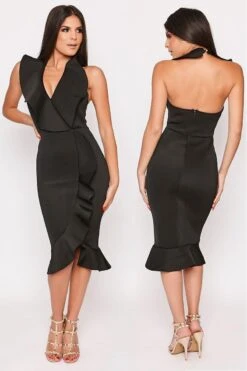 Aleeyah - Black Halterneck Plunge Frill Scuba Bodycon Dress
